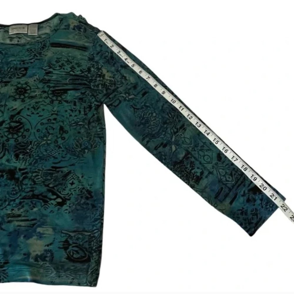 Chico's Travelers Pullover Turquoise Print Silky Stretchy Top Size M - Picture 6 of 10